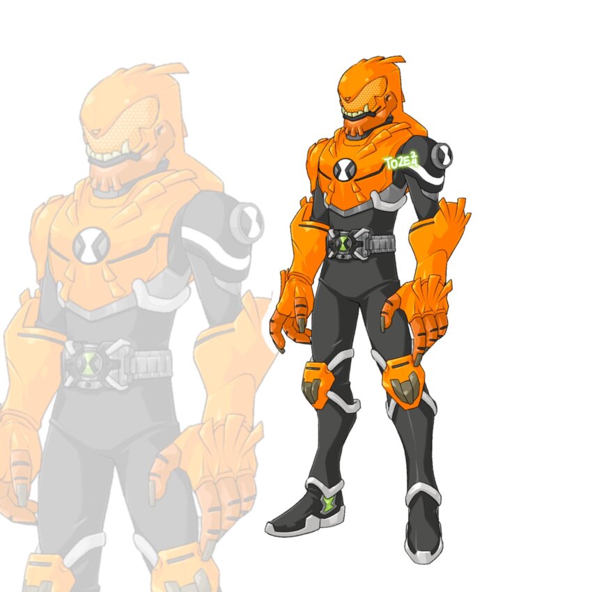 1boy alien armor artist_name belt ben_10 ben_10:_alien_force ben_10:_omniverse ben_10:_ultimate_alien ben_tennyson bodysuit breastplate compound_eyes rider_belt fiery_hair helmet highres kamen_rider large_hands omnitrix rider_belt shoulder_armor solo to_ze tokusatsu wildmutt
