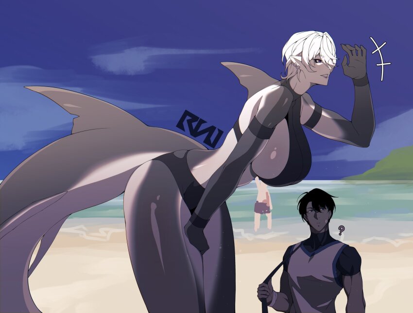 1boy 1girl ? artist_logo bandaid bandaid_on_cheek bandaid_on_face beach belt bikini black_bikini black_hair black_panties breasts cero_rains commentary earrings english_commentary fins fish_tail hair_between_eyes hand_on_own_thigh height_difference highres holding holding_belt huge_breasts jewelry logo looking_to_the_side original panties parted_lips pointy_ears purple_eyes shadow shark_girl shark_tail sharp_teeth short_hair swimsuit tail tall_female teeth thick_thighs thighs toned toned_male trish_(cero_rains) underwear white_hair