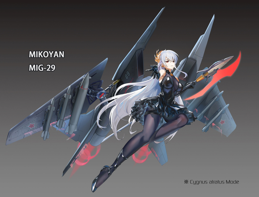 1girl ballerina ballet_slippers black_dress bomb breasts commentary_request dress elbow_gloves explosive full_body gloves grey_background halberd highres holding holding_polearm holding_weapon long_hair looking_at_viewer mecha_musume medium_breasts mig-29 missile original pantyhose plantar_flexion polearm red_eyes shiny_clothes solo thrusters tutu ushas very_long_hair weapon white_hair wings