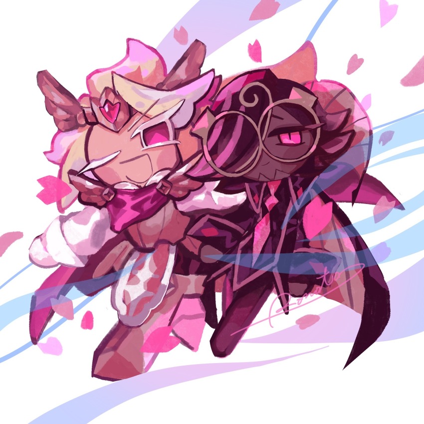 2boys :d alternate_eye_color armored_boots arms_at_sides artist_name blonde_hair boots brown-framed_eyewear brown_cape brown_hair brown_jacket brown_pants cape chest_armor closed_mouth cookie_run cookie_run:_kingdom dark-skinned_male dark_skin espresso_cookie falling_petals flipped_hair full_body glasses gloves hair_over_one_eye heart-shaped_petals highres interracial jacket long_hair long_sleeves looking_at_viewer madeleine_cookie male_focus multiple_boys one_eye_closed open_mouth outstretched_arms pants petals pink_eyes pink_petals pink_scarf puffy_long_sleeves puffy_sleeves rn9j round_eyewear scarf shirt short_hair simple_background smile two-sided_cape two-sided_fabric walking white_background white_gloves white_shirt yaoi