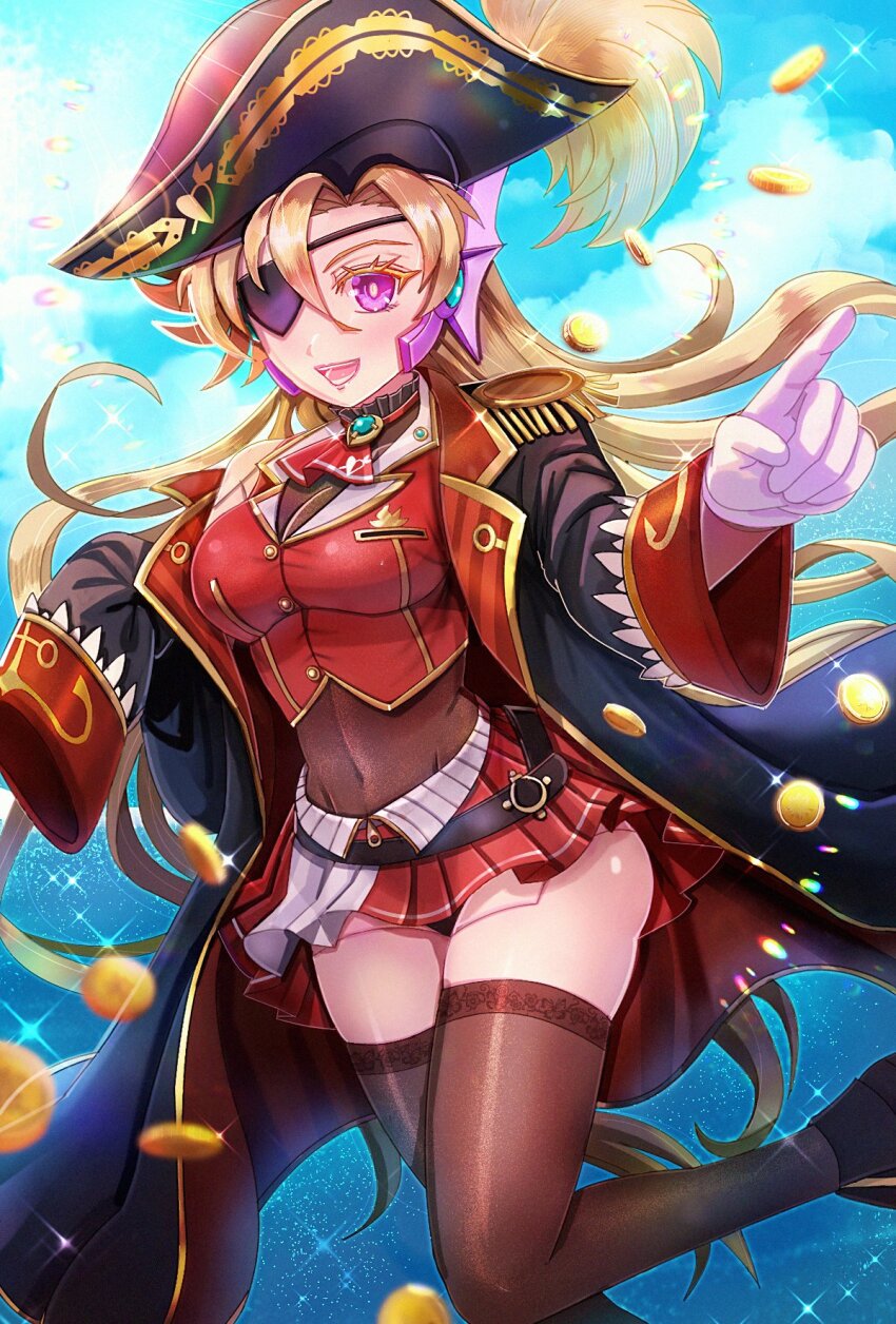 1girl ascot bicorne black_coat blonde_hair breasts choker coat coin cosplay cropped_jacket eyepatch frilled_choker frills hat highres hololive houshou_marine houshou_marine_(1st_costume) houshou_marine_(cosplay) jacket kiwakiwa large_breasts leather_belt leotard leotard_under_clothes long_hair marty_(mega_man) mega_man_(series) mega_man_x_(manga) mega_man_x_(series) miniskirt one_eye_covered pirate pirate_hat pleated_skirt purple_eyes red_ascot red_jacket red_skirt see-through_clothes see-through_leotard skirt solo virtual_youtuber
