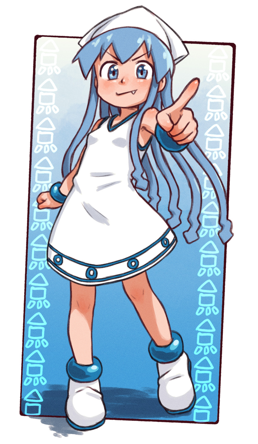 1girl beachepisode blue_eyes blue_hair blush breasts closed_mouth fang fang_out full_body highres ikamusume long_hair looking_at_viewer pointing pointing_at_viewer shinryaku!_ikamusume shoes small_breasts smile solo tentacle_hair white_shoes