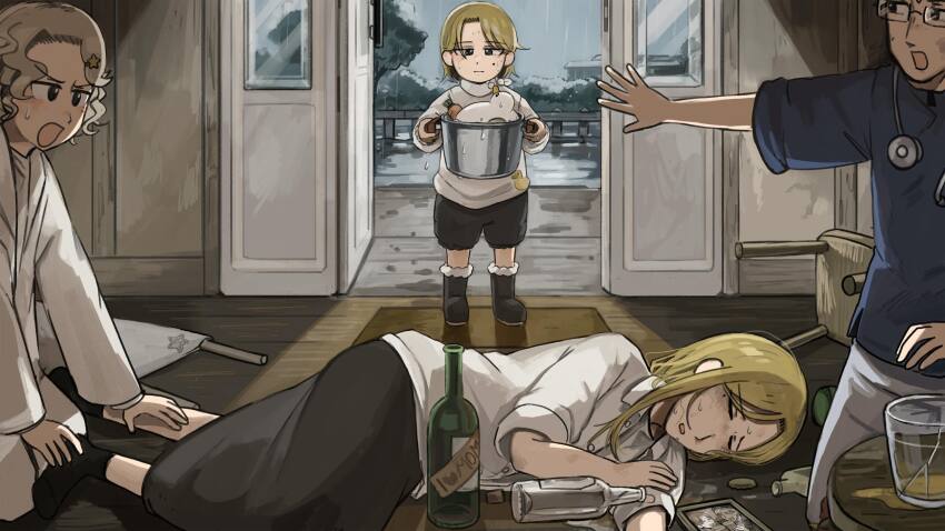 1boy 3girls aged_down beer_bottle bird black_boots black_shoes black_shorts black_skirt blonde_hair blue_eyes blue_shirt boots bottle chair chicken commentary cooking_pot diva_(hyxpk) doctor drunk duck english_commentary fallen_down glass glasses grey_hair grey_shirt hair_ornament highres holding holding_cooking_pot little_nuns_(diva) long_hair mole mole_on_cheek multiple_girls photo_(object) rain rectangular_eyewear shirt shoes shorts skirt star_(symbol) star_hair_ornament star_nun&#039;s_aunt_(diva) star_nun&#039;s_uncle_(diva) stethoscope strict_nun&#039;s_mother_(diva) strict_nun_(diva) white_shirt