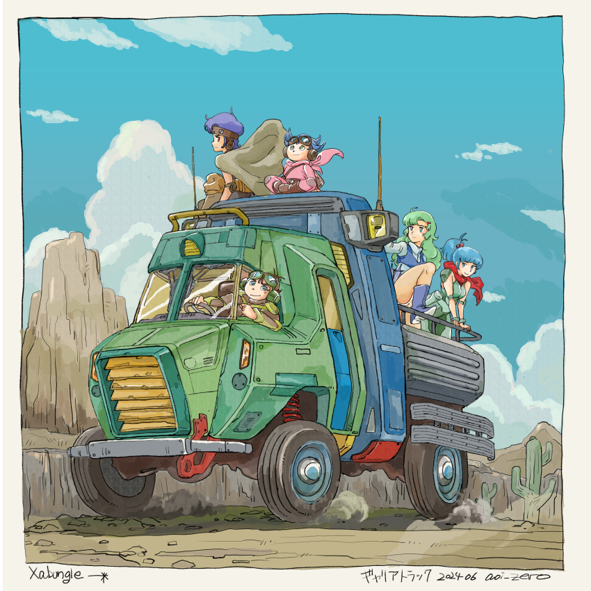 2boys 3girls aoi_zero artist_name blue_hair boots brown_hair burume cactus chill_(xabungle) cloak dated desert elchi_cargo goggles goggles_on_head green_hair highres jiron_amos motor_vehicle multiple_boys multiple_girls on_truck ponytail purple_hair rag_uralo scarf sentou_mecha_xabungle smile truck walker_gallia