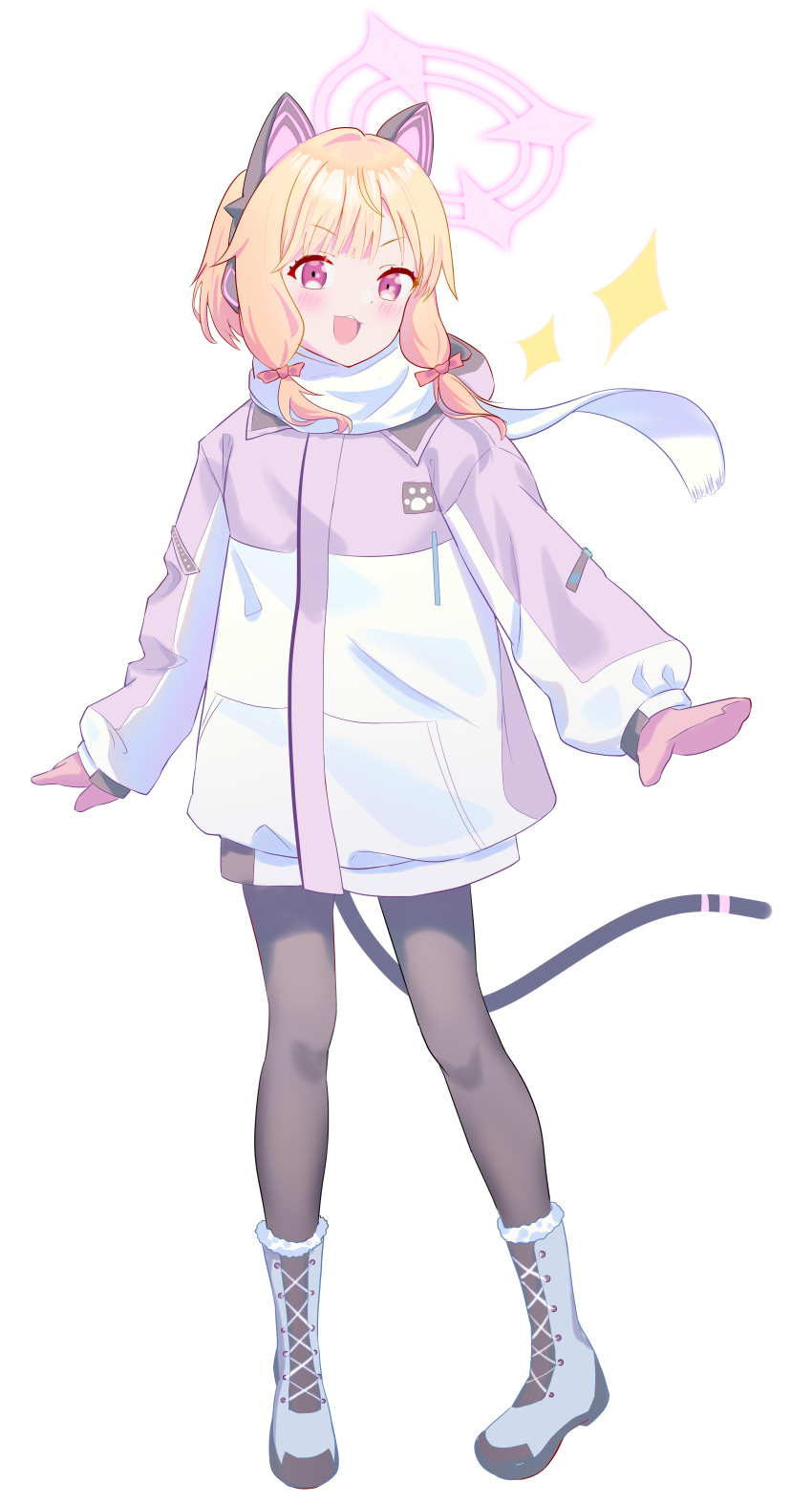 1girl :3 :d absurdres animal_ear_headphones animal_ears black_pantyhose black_tail blonde_hair blue_archive blush boots bow cat_ear_headphones cat_ears cat_tail chinese_commentary coat commentary_request dot_nose fake_animal_ears fake_tail floating_hair floating_scarf full_body fur-trimmed_boots fur_trim grey_boots hair_bow halo headphones highres hood hood_down hooded_coat invisible_floor kaihuafugui knees lace-up_boots long_sleeves looking_at_viewer low-tied_sidelocks mittens momoi_(blue_archive) momoi_(winter)_(blue_archive) multicolored_coat multiple_hair_bows official_alternate_costume open_hands open_mouth pantyhose parted_bangs pigeon-toed pink_halo pink_mittens puffy_long_sleeves puffy_sleeves purple_coat red_bow scarf short_hair sidelocks simple_background smile solo sparkle standing tail teeth upper_teeth_only v-shaped_eyebrows white_background white_coat white_scarf winter_clothes zipper_pull_tab