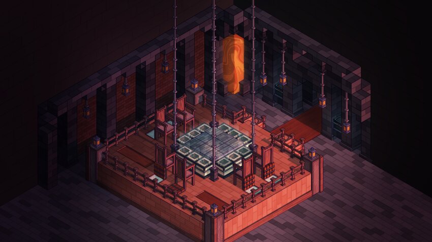 absurdres block_(minecraft) block_(object) chair commentary dream_smp end_portal english_commentary fence highres in-universe_location indoors isometric kt_(swiftlyswan) lantern lava minecraft minecraft_youtube no_humans official_style scenery syndicate_(dream_smp)
