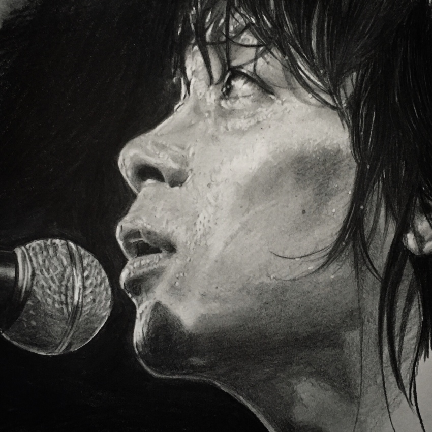1boy close-up gingnangboyz graphite_(medium) greyscale highres looking_to_the_side male_focus microphone mineta_kazunobu monochrome parted_lips realistic solo sweat traditional_media yadoriiin