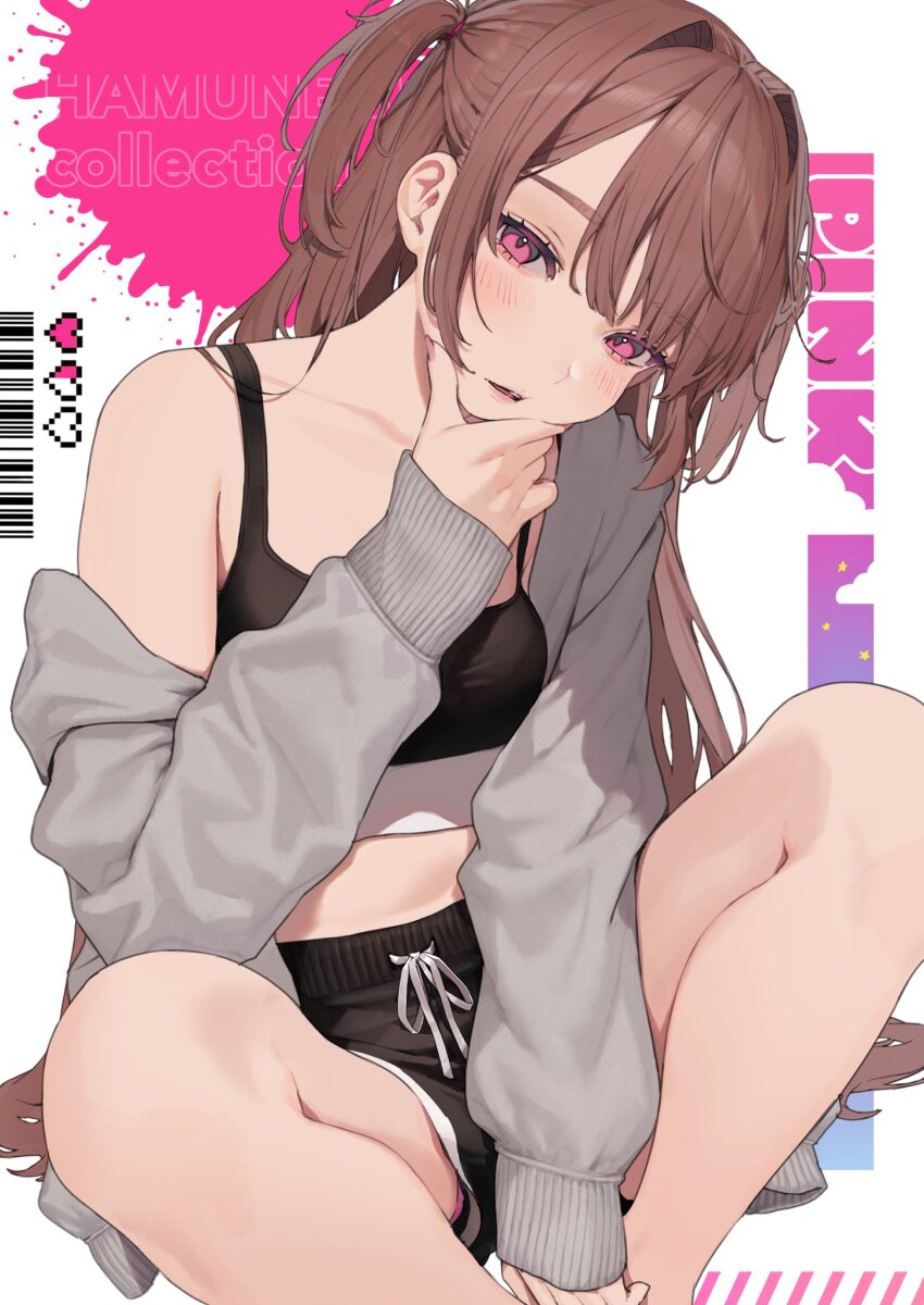 1girl barcode bare_legs bare_shoulders blush breasts brown_hair cover cover_page feet_out_of_frame hamunezuko_(nezukonezu32) hand_on_own_chin head_tilt heart highres knees_up long_hair off_shoulder original paint_splatter parted_lips pink_eyes short_twintails shorts sitting small_breasts solo sports_bra stroking_own_chin sweater twintails white_background
