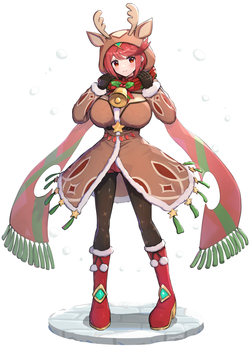 1girl absurdres alternate_costume animal_costume antlers bell breasts gonzarez highres horns large_breasts leggings platform pyra_(xenoblade) red_eyes red_footwear red_hair reindeer_antlers reindeer_costume scarf snow solo xenoblade_chronicles_(series) xenoblade_chronicles_2