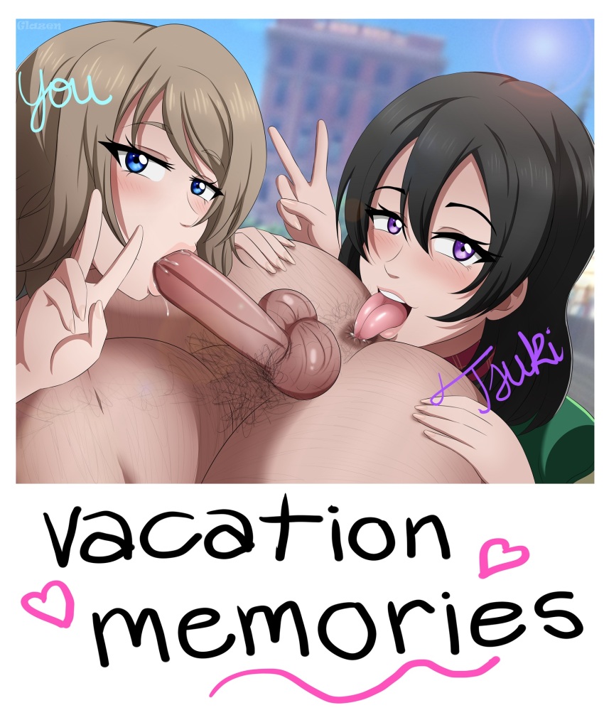 1boy 2girls age_difference anilingus anus black_hair blue_eyes brown_hair fat fat_man fellatio female_rimming_male glazinbuns hetero highres love_live! love_live!_sunshine!! multiple_girls older_man_and_younger_girl oral purple_eyes watanabe_tsuki watanabe_you