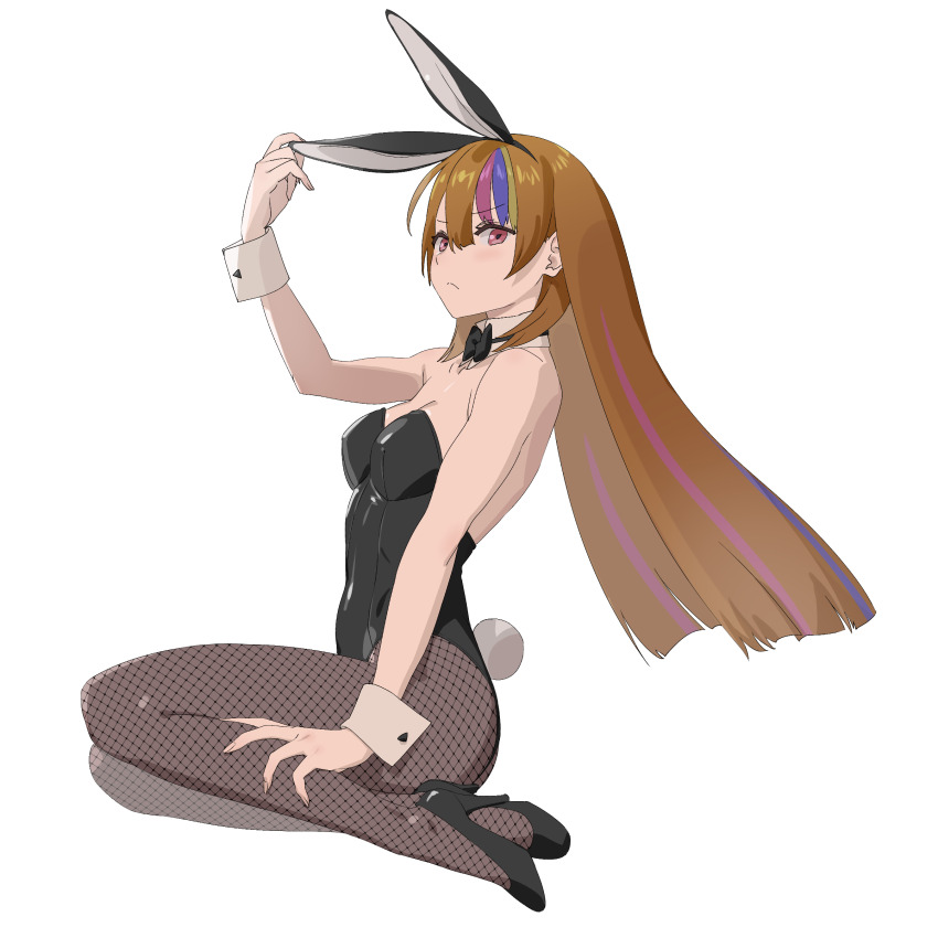 1girl absurdres adjusting_clothes adjusting_headwear alternate_costume animal_ear_hairband animal_ears bare_arms bare_shoulders black_bow black_bowtie black_footwear black_hairband black_leotard black_pantyhose blue_hair blunt_ends bow bowtie breasts brown_hair cleavage closed_mouth detached_collar fake_animal_ears fake_tail fingernails fishnet_pantyhose fishnets frown full_body galaco hair_between_eyes hairband hand_on_leg high_heels highres leotard long_hair looking_at_viewer multicolored_hair pantyhose pink_eyes pink_hair playboy_bunny rabbit_ear_hairband rabbit_ears simple_background sitting small_breasts solo straight_hair strapless strapless_leotard streaked_hair tail tarokazu traditional_bowtie v-shaped_eyebrows vocaloid white_background white_tail wrist_cuffs