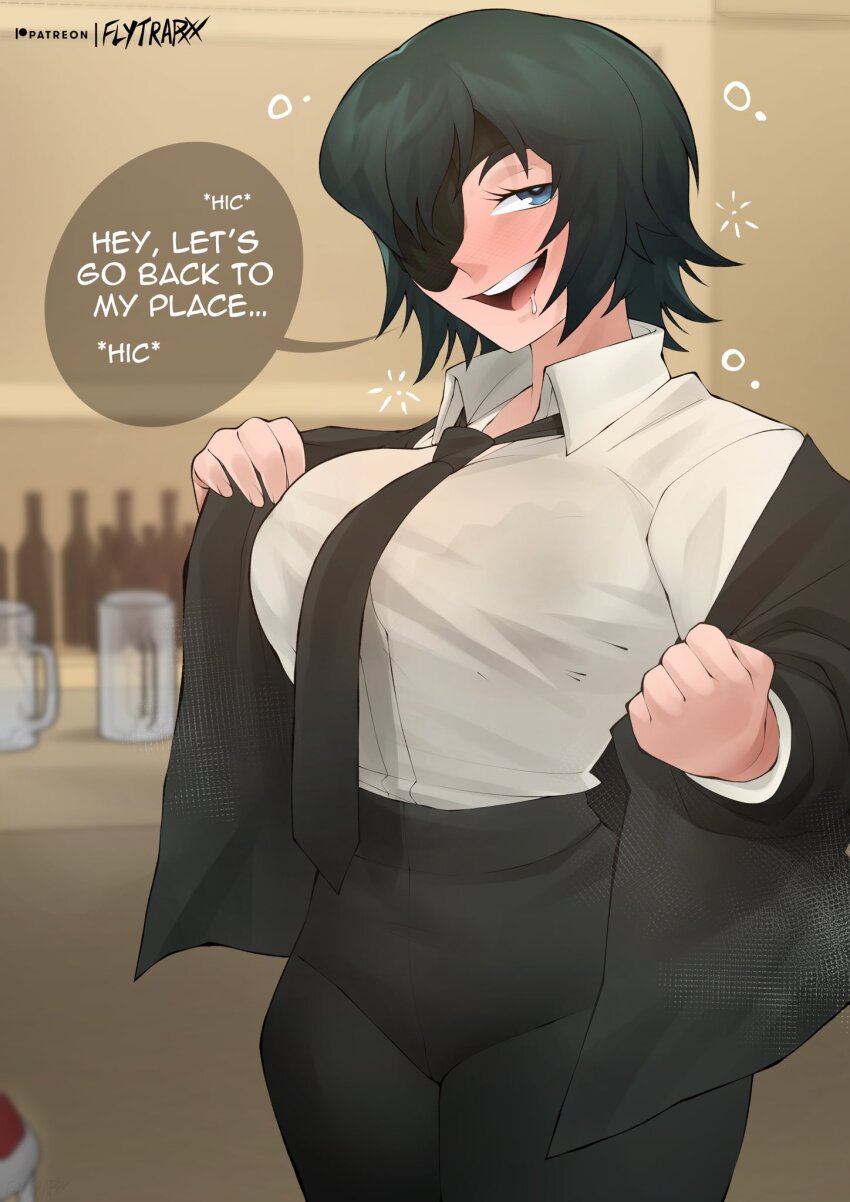 1girl alcohol black_bra black_hair black_necktie black_pants blue_eyes blush bra breasts chainsaw_man collared_shirt drooling drunk english_text eyepatch flytrapxx formal_clothes hiccup highres himeno_(chainsaw_man) jacket large_breasts looking_at_viewer necktie open_mouth pants removing_jacket see-through_clothes see-through_shirt shirt short_hair suit underwear undressing white_shirt