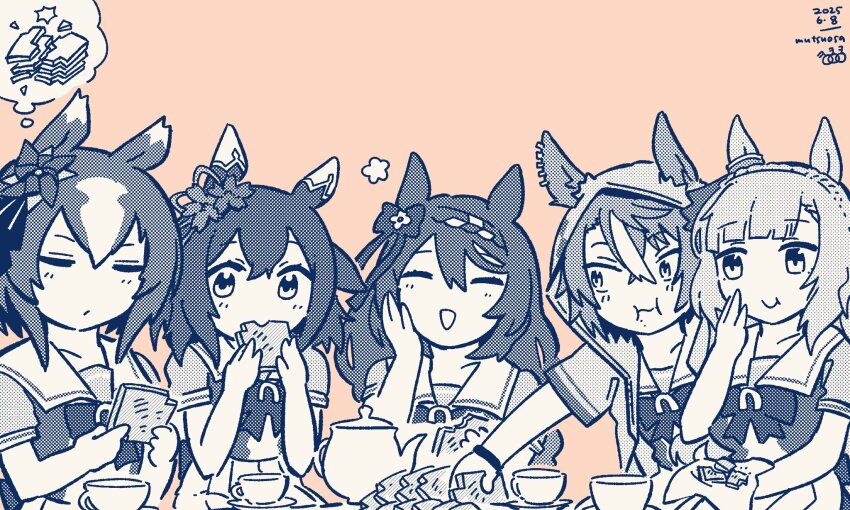 2025 5girls dictus_striker_(umamusume) eating highres inada_roku mejiro_ardan_(umamusume) multiple_girls sakura_chiyono_o_(umamusume) school_uniform short_sleeves summer_uniform super_creek_(umamusume) tracen_school_uniform umamusume umamusume:_cinderella_gray yaeno_muteki_(umamusume)