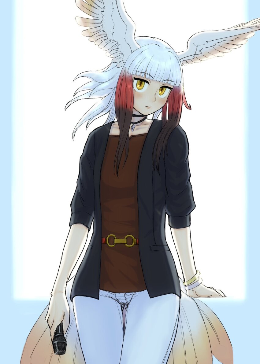 1girl alternate_costume aotsuki_tsutome bird_girl bird_tail bird_wings black_choker black_hair black_jacket blunt_bangs blush bracelet brown_shirt casual choker collarbone cowboy_shot head_wings highres jacket japanese_crested_ibis_(kemono_friends) jewelry kemono_friends looking_at_viewer microphone multicolored_hair necklace open_clothes open_jacket pants red_hair shirt short_hair short_sleeves sidelocks solo tail white_hair white_pants wings yellow_eyes