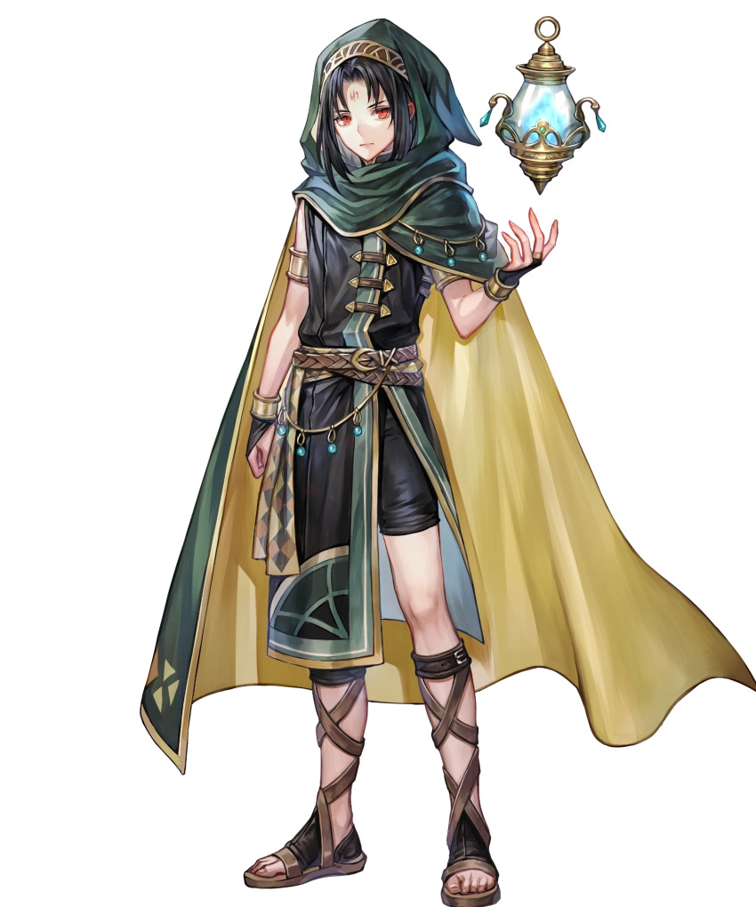 1boy androgynous armlet belt black_hair bracelet cape closed_mouth facial_mark fire_emblem fire_emblem:_radiant_dawn fire_emblem_heroes floating floating_object forehead_mark gladiator_sandals green_cape highres hood hooded_cape jewelry lantern male_focus nintendo non-web_source official_art red_eyes sandals senano-yu soren_(fire_emblem) soren_(khadein)_(fire_emblem) transparent_background two-sided_cape two-sided_fabric yellow_cape