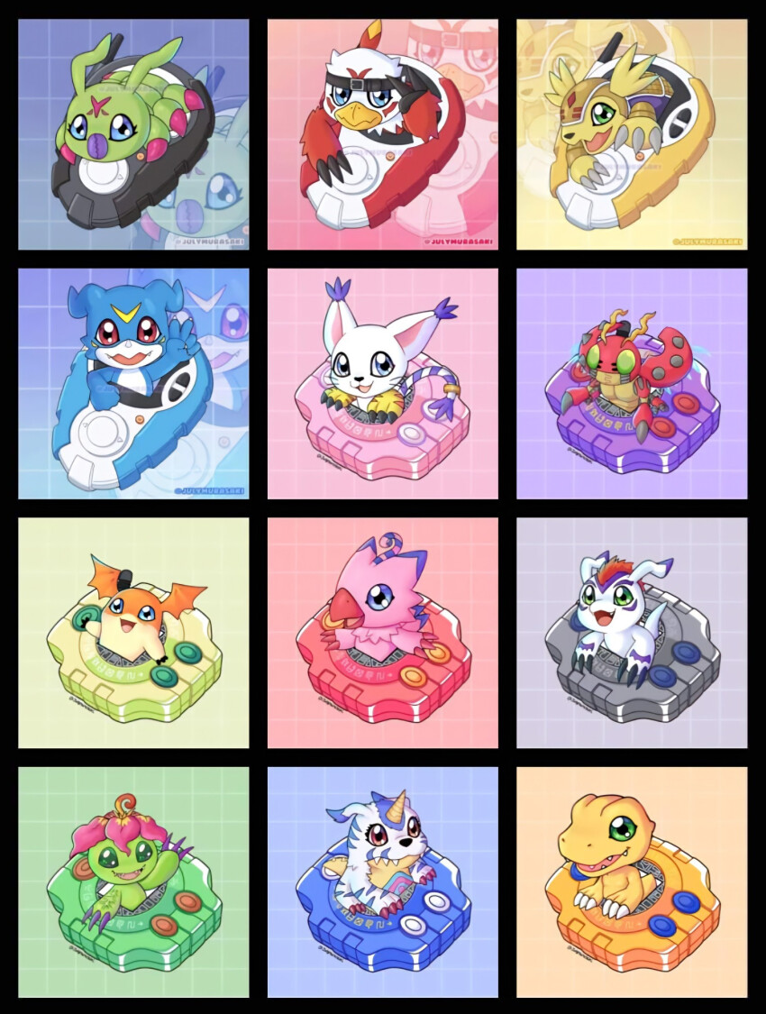 agumon armadillo armadimon bird bug cat digimon digimon_(creature) digimon_adventure digimon_adventure_02 gabumon gomamon hawkmon highres palmon patamon piyomon reptile tailmon tentomon v-mon wings wormmon