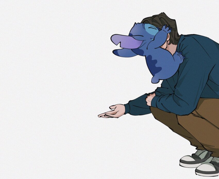 1boy animal_ears black_hair blue_fur blue_shirt brown_pants claws closed_eyes commentary creature crossover highres lilo_&amp;_stitch long_sleeves marvel marvel_cinematic_universe pants puffy_long_sleeves puffy_sleeves sentry_(marvel) shirt shoes short_hair simple_background sneakers squatting stitch_(lilo_&amp;_stitch) symbol-only_commentary tail thunderbolts_(movie) white_background yamuoez