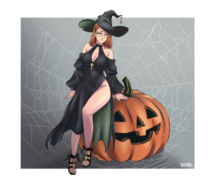 1girl absurdres bare_shoulders black_dress black_hat breasts cleavage commentary_request crescent crescent_earrings detached_sleeves dress earrings full_body glasses green_eyes hat highres jack-o&#039;-lantern jewelry korzynka_persykiv large_breasts orange_hair original sandals side_slit signature silk sitting solo spider_web ukrainian_commentary witch_hat