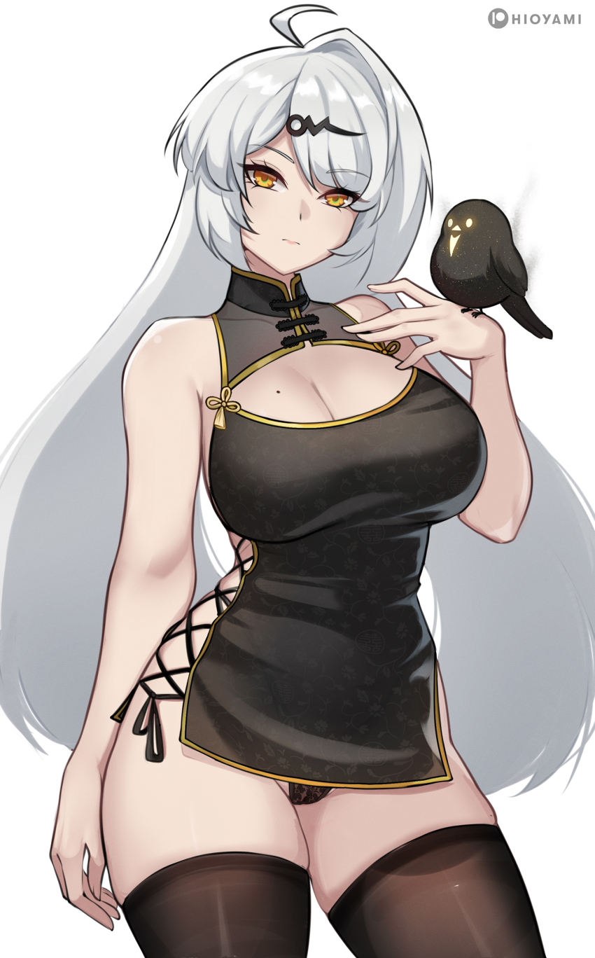1girl absurdres alternate_costume arm_at_side bird black_dress breasts china_dress chinese_clothes cleavage closed_mouth clothing_cutout commentary cowboy_shot dress hand_up highres hioyami large_breasts long_hair looking_at_viewer mole mole_on_breast paid_reward_available panties see-through_clothes see-through_panties simple_background solo thighhighs underwear white_background white_hair white_thighhighs yellow_eyes yixuan_(zenless_zone_zero) zenless_zone_zero