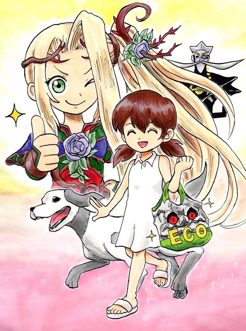 1boy 2girls animal_ears arlon_(kid_icarus) arlon_(kid_icarus) bag blonde_hair brown_hair collared_dress cragalanche dog dog_(kid_icarus) dog_ears dress facial_hair flower girl_(kid_icarus) hair_flower hair_ornament highres kicdon kid_icarus kid_icarus_uprising looking_at_viewer monocle multiple_girls mustache nintendo one_eye_closed ponytail sandals shopping_bag smile sparkle thumbs_up viridi white_dress white_hair