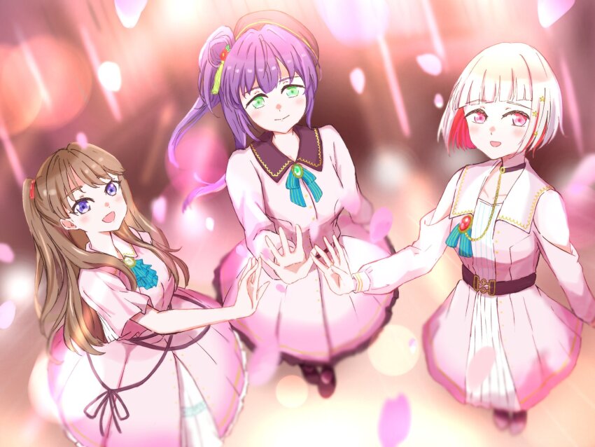 3girls :d blurry blurry_background blush bob_cut breasts brown_hair closed_mouth clothing_cutout collarbone collared_dress commentary_request depth_of_field diagonal_bangs dream_believers dress falling_petals flower fujishima_megumi full_body green_eyes hair_flower hair_ornament highres inverted_bob layered_dress link!_like!_love_live! long_hair long_sleeves looking_at_viewer love_live! medium_breasts multicolored_hair multiple_girls open_mouth otomune_kozue outstretched_arm petals pink_dress pink_petals purple_eyes purple_hair rakk27606689 red_eyes red_flower red_hair short_hair short_sleeves shoulder_cutout side_ponytail sidelocks smile split_mouth standing star_(symbol) star_hair_ornament streaked_hair tassel tassel_hair_ornament two_side_up virtual_youtuber white_hair yugiri_tsuzuri
