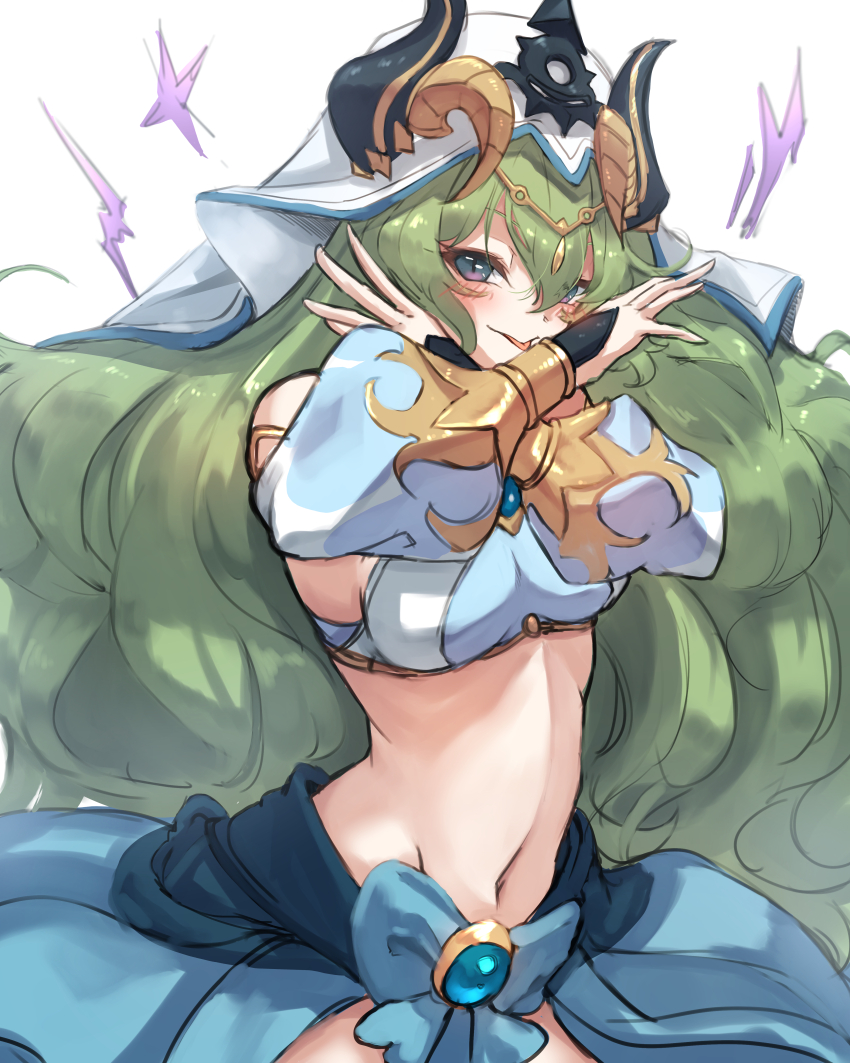 1girl absurdres arabian_clothes bare_shoulders blue_skirt blue_sleeves cosplay cream_bread genshin_impact green_eyes green_hair highres honkai_(series) honkai_impact_3rd long_hair mihoyo mobius_(honkai_impact) navel nilou_(genshin_impact) nilou_(genshin_impact)_(cosplay) simple_background skirt solo stomach tongue tongue_out veil very_long_hair wavy_hair white_background