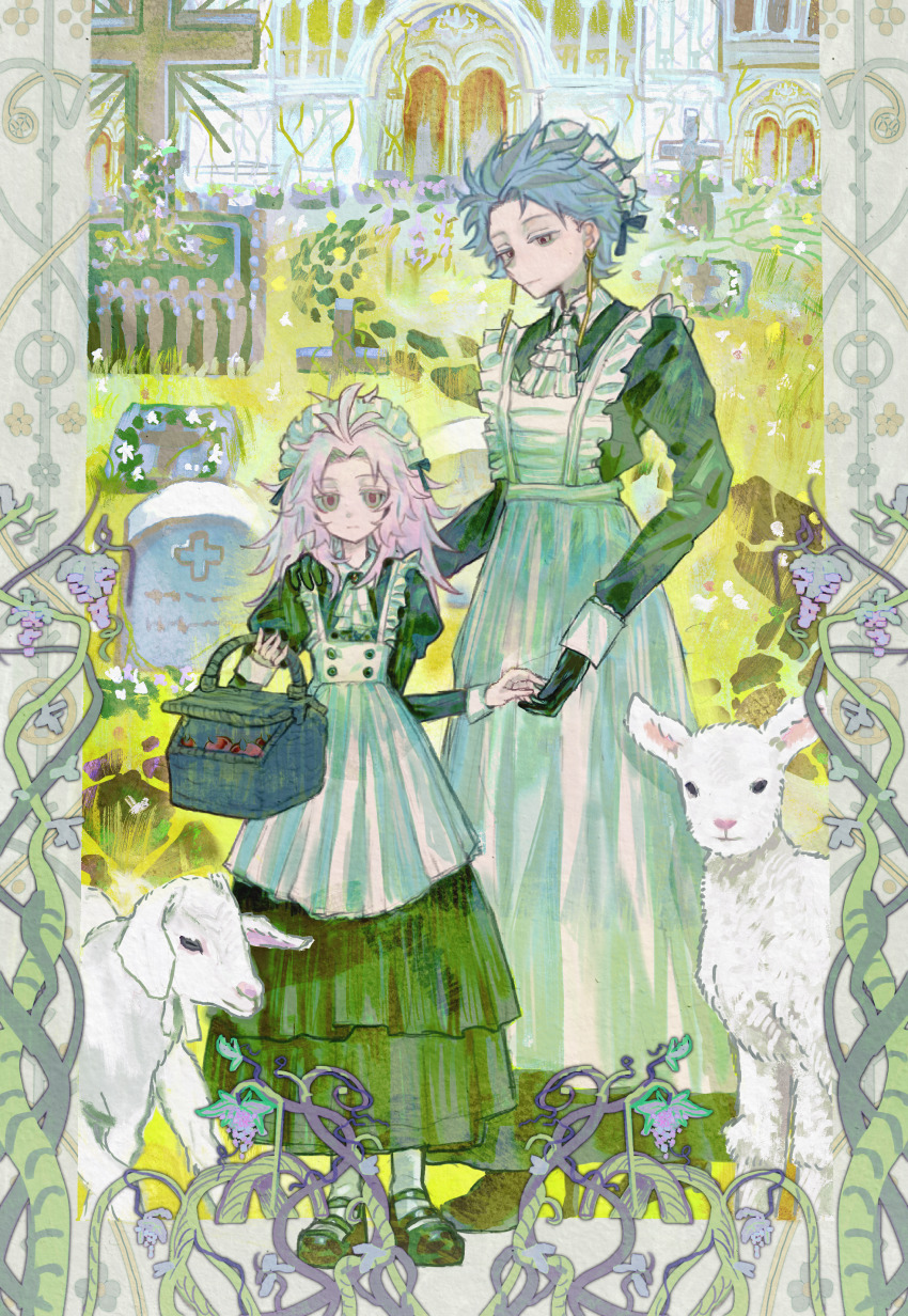 2boys absurdres alternate_costume alternate_hair_color apron ascot basket black_dress black_gloves black_shoes chundizhouqin collared_dress commentary cross crossdressing dress enmaided full_body gloves grass grey_eyes grey_hair hatsutori_hajime height_difference highres holding holding_basket layered_dress long_dress maid maid_apron maid_headdress male_focus male_maid mary_janes multiple_boys outdoors red_pupils saibou_shinkyoku sheep shoes short_hair socks theodore_riddle tombstone trap white_apron white_ascot white_socks