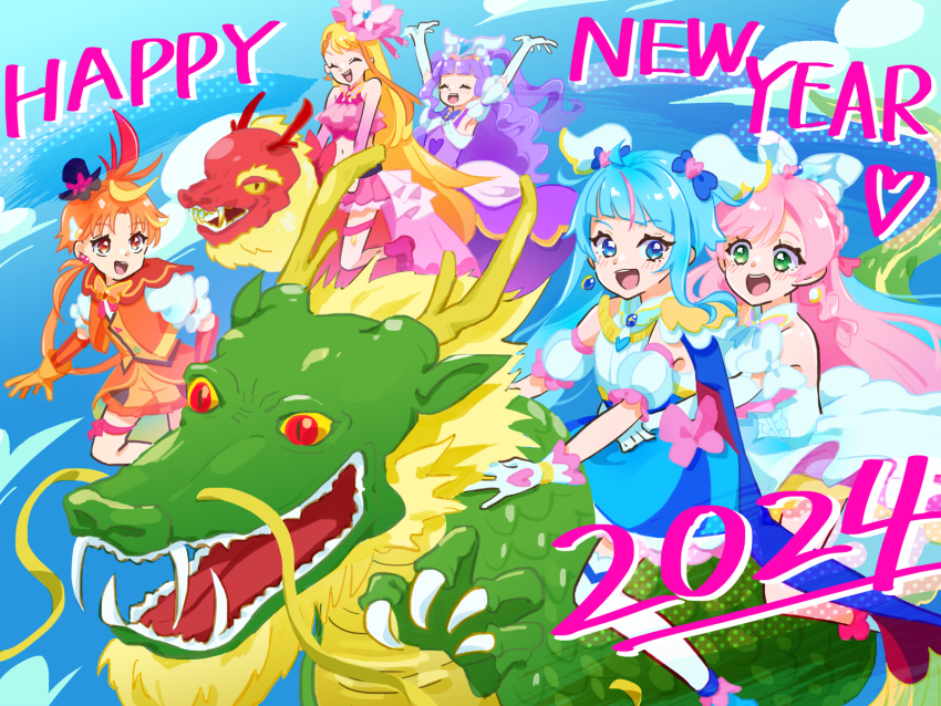 1boy 2024 4girls ahoge arms_up belt black_belt black_hat blonde_hair blue_boots blue_cape blue_dress blue_eyes blue_hair boots bow bow_skirt braid braided_bangs butterfly_hat_ornament cape chinese_zodiac closed_eyes coattails commentary cure_butterfly cure_majesty cure_prism cure_sky cure_wing cut_bangs detached_sleeves dragon dress dress_bow earrings eastern_dragon elbow_gloves ellee-chan english_text frilled_dress frilled_shirt frilled_shorts frills fringe_trim glove_bow gloves green_eyes hair_bow hair_ornament happy_new_year hat hat_ornament highres hijiri_ageha hirogaru_sky!_precure jacket jewelry layered_dress layered_gloves leg_ribbon long_dress long_hair looking_at_another looking_at_viewer low_ponytail magical_boy magical_girl microskirt midriff mini_hat mini_top_hat mob_cap multicolored_hair multiple_girls navel nekoko_(nekonekonya) new_year nijigaoka_mashiro open_mouth orange_gloves orange_jacket orange_shorts pink_boots pink_bow pink_gloves pink_hair pink_hat pink_shirt pink_skirt ponytail precure puffy_detached_sleeves puffy_short_sleeves puffy_sleeves purple_dress purple_hair red_cape ribbon riding_dragon shirt short_dress short_shorts short_sleeves shorts showgirl_skirt side_braids single_earring single_sidelock skirt sleeveless sleeveless_dress smile sora_harewataru streaked_hair thigh_strap thighhighs top_hat twintails two-sided_cape two-sided_fabric two-tone_dress two-tone_hair two_side_up very_long_hair white_boots white_bow white_dress white_gloves white_thighhighs wing_hair_ornament year_of_the_dragon yuunagi_tsubasa