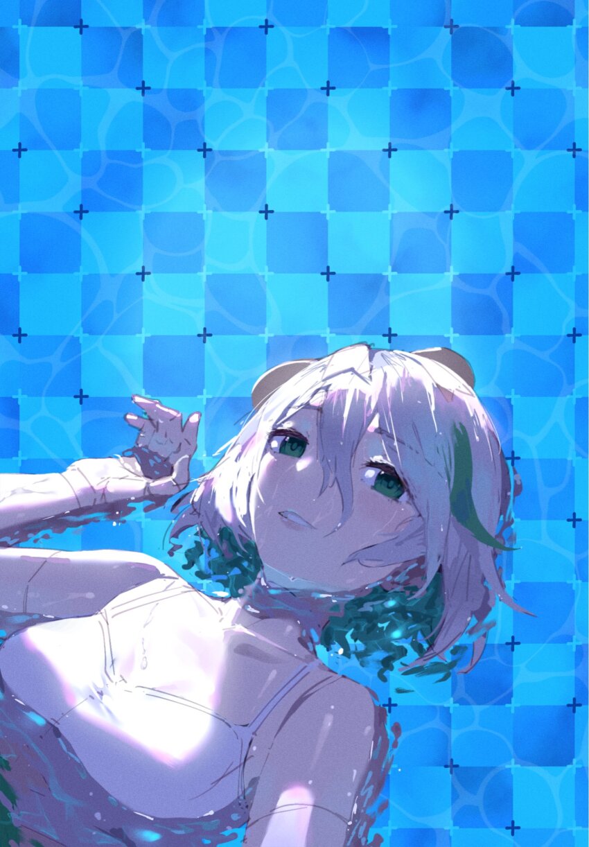 1girl bikini breasts cecilia_immergreen colored_inner_hair doll_joints green_eyes green_hair hair_between_eyes highres hololive hololive_english joints looking_at_viewer lying multicolored_hair on_back partially_submerged radical_highway small_breasts solo swimsuit virtual_youtuber wet wet_hair white_bikini white_hair