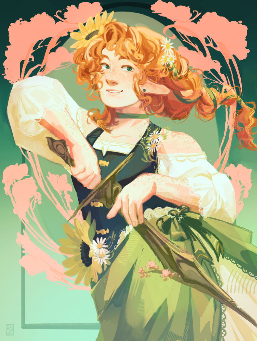 1girl applestruda body_freckles braid choker curly_hair daisy drawing_sword dress earrings flower freckles frilled_skirt frilled_sleeves frills geminitay green_background green_choker green_dress green_eyes green_ribbon hair_flower hair_ornament hair_ribbon hermitcraft highres holding holding_sword holding_weapon jewelry layered_skirt long_hair long_skirt looking_at_viewer minecraft_youtube off-shoulder_shirt off_shoulder orange_hair pink_flower pointy_ears ribbon shirt shoulder_freckles skirt smile solo standing sunflower sunflower_hair_ornament sword three-quarter_sleeves weapon white_flower white_shirt yellow_flower