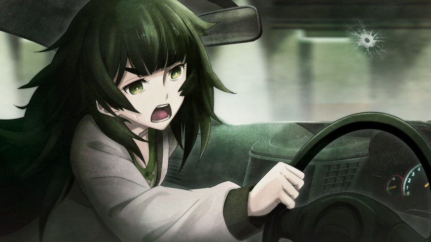 blunt_bangs car car_interior clothing_request collar collarbone crack cracked_glass dress driving flat_chest game_cg green_collar green_dress green_eyes green_hair green_trim grey_jacket gunshot highres hiyajou_maho huke jacket jacket_over_dress long_hair long_sleeves messy_hair motion_blur motor_vehicle nervous_sweating non-web_source official_art open_mouth rear-view_mirror right-hand_drive ringed_eyes scared shirt shouting steering_wheel steins;gate steins;gate_0 sweat teeth thick_eyebrows tongue v-shaped_eyebrows very_long_hair windshield