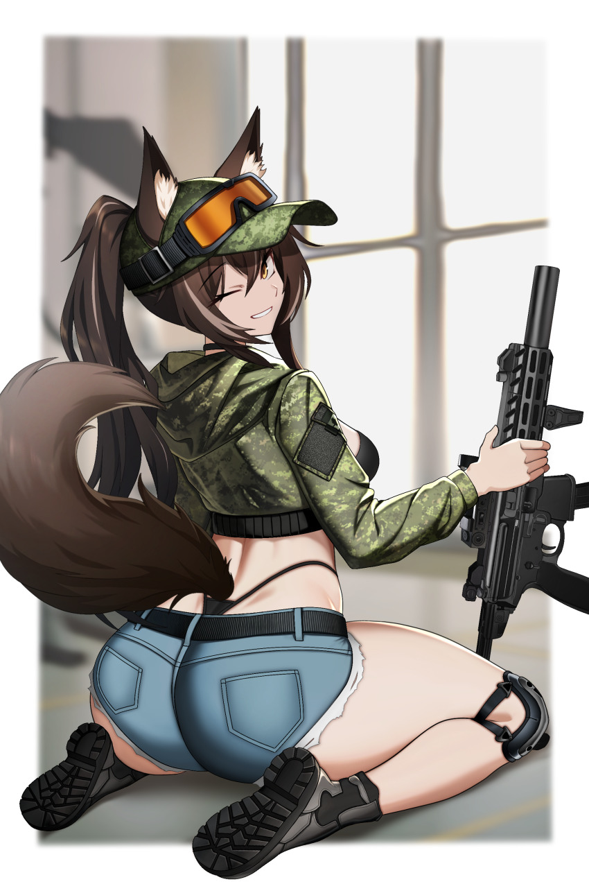1girl absurdres animal_ear_fluff animal_ears ass baseball_cap belt bikini black_choker black_panties blue_shorts boots brown_eyes brown_hair cadpat callisto_(greyeth) camouflage camouflage_jacket cero_(last2stage) choker crop_top cropped_jacket cutoffs denim denim_shorts ears_through_headwear fox_ears fox_girl fox_tail from_behind goggles goggles_on_headwear green_hat green_jacket grin gun hat highleg highleg_bikini highleg_panties highres jacket knee_pads long_hair looking_at_viewer median_furrow midriff one_eye_closed original panties ponytail short_shorts shorts sig_mpx sig_sauer smile string_bikini submachine_gun swimsuit tail thighs underwear weapon whale_tail_(clothing) yellow_eyes