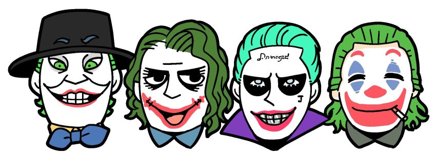 4boys batman_(1989) batman_(series) bkub bow bowtie cigarette clown collar colored_skin commentary dc_comics forehead_tattoo green_hair heath_ledger highres jack_nicholson jared_leto joaquin_phoenix joker_(2019) makeup multiple_boys multiple_persona simple_background smile suicide_squad teeth the_dark_knight the_joker white_background white_skin