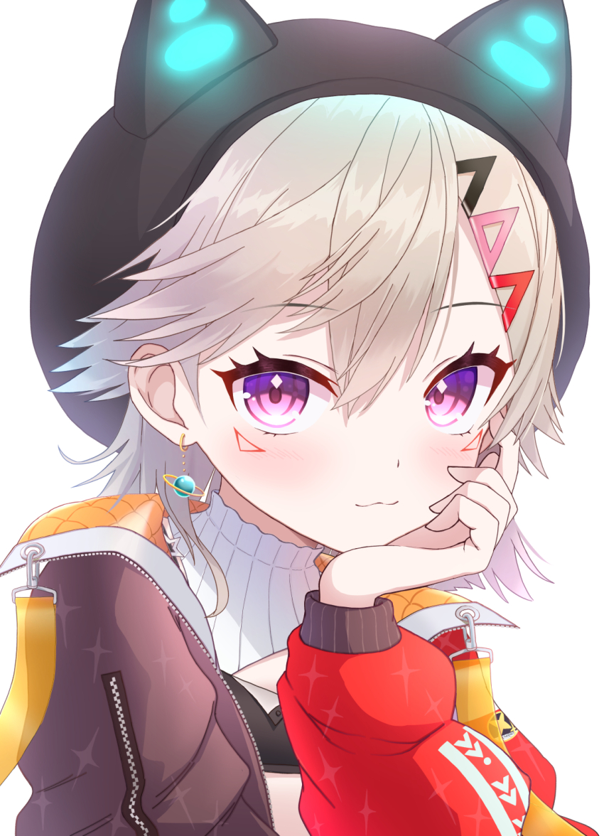 1girl animal_ear_headwear black_hat blonde_hair closed_mouth detached_collar facial_mark fake_animal_ears hair_ornament hairclip hat highres jacket kazumiya_yayoi komori_met light_blush looking_at_viewer orange_jacket portrait purple_eyes simple_background solo virtual_youtuber vspo! white_background