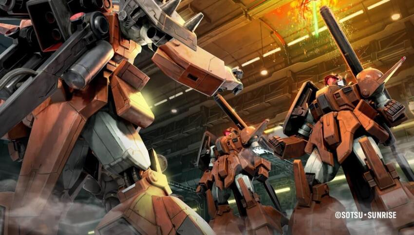 artist_request assault_visor beam_cannon clenched_hands company_name copyright_notice firing glint gundam gundam_battle_operation_2 gundam_msv machinery mecha mecha_focus mobile_suit nemo_iii no_humans realistic red_visor robot science_fiction shield shoulder_cannon smoke sunrise_(company)