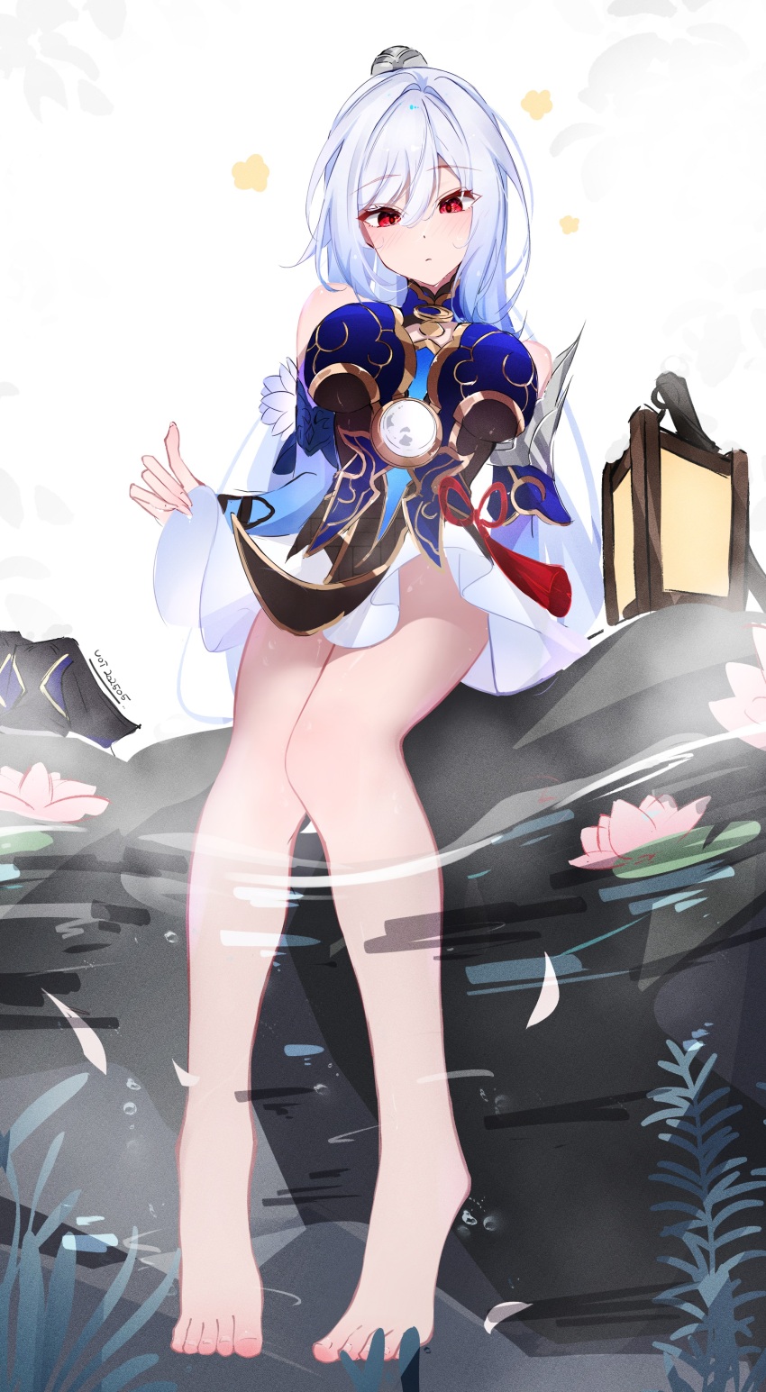 1girl absurdres bare_shoulders barefoot blue_dress blue_hair blue_skirt breasts commentary dated dress english_commentary feet full_body highres honkai:_star_rail honkai_(series) jingliu_(honkai:_star_rail) large_breasts looking_at_viewer parted_lips red_eyes sitting skirt soaking_feet solo toes voi_271 water
