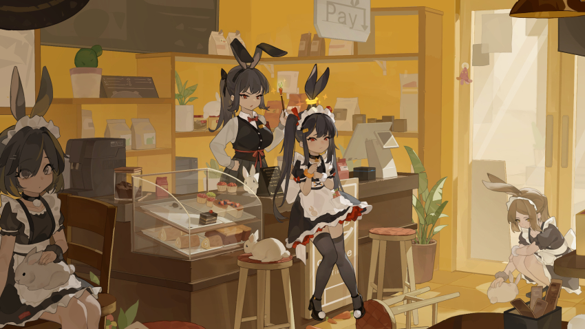 4girls animal animal_ears animal_on_lap apron bell black_choker black_dress black_footwear black_hair black_hairband black_scrunchie black_thighhighs black_vest breasts brown_eyes brown_hair cake cash_register chinese_commentary choker commentary_request cupcake day dress expressionless extra_ears food glass_door grey_eyes hairband high_heels highres holding holding_wand hu_shan. indoors looking_at_animal looking_at_viewer maid maid_apron maid_headdress multiple_girls neck_bell on_lap orange_scrunchie original petting plant pom_pom_footwear potted_plant puffy_short_sleeves puffy_sleeves rabbit rabbit_ears rabbit_girl red_eyes scrunchie short_sleeves sidelocks spoon squatting stool tearing_up thighhighs vest waist_ribbon wand white_scrunchie wrist_scrunchie