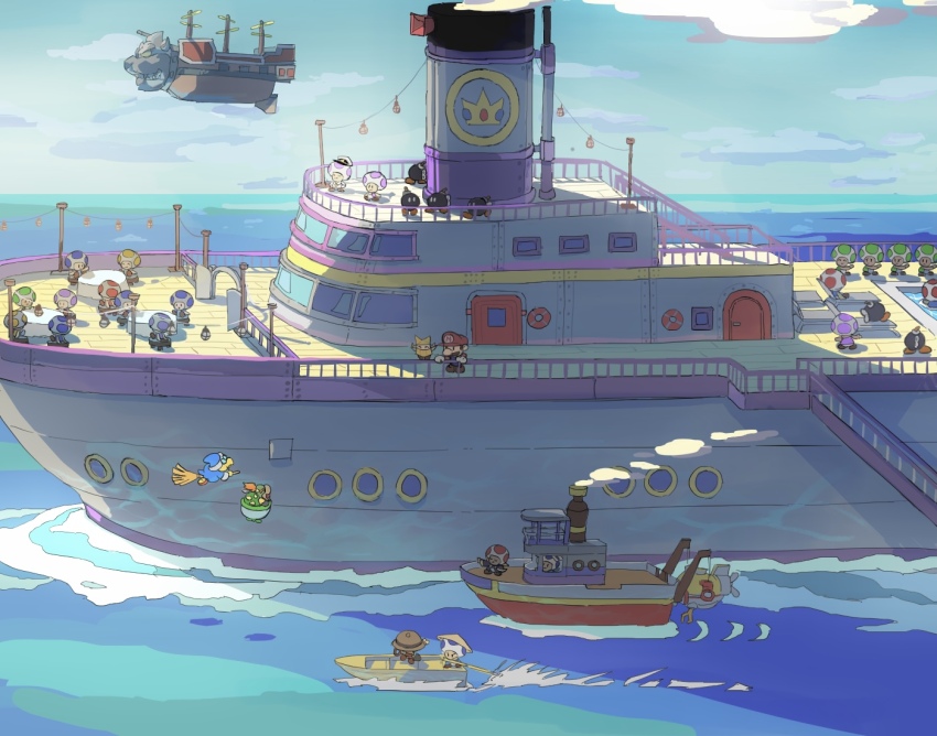 6+boys ^_^ aircraft airship blue_headwear blue_overalls blue_robe blue_sky blue_toad_(mario) boat bob-omb bowser_jr. broom broom_riding brown_hair brown_headwear captain_t._ode chair closed_eyes cloud commentary_request day door facial_hair glasses green_toad_(mario) hat holding holding_oar junior_clown_car kamek lantern lifebuoy lounge_chair mario mario_(series) multiple_boys mustache nintendo oar ocean olivia_(paper_mario) outdoors overalls paper_mario paper_mario:_the_origami_king pool professor_toad_(mario) purple_toad_(mario) railing red_headwear red_toad_(mario) rice_hat rinabee_(rinabele0120) robe rowboat scenery ship sitting sky smoke smokestack spiked_shell spikes swim_ring table tablecloth toad_(mario) tugboat turtle_shell water watercraft window yellow_toad_(mario)