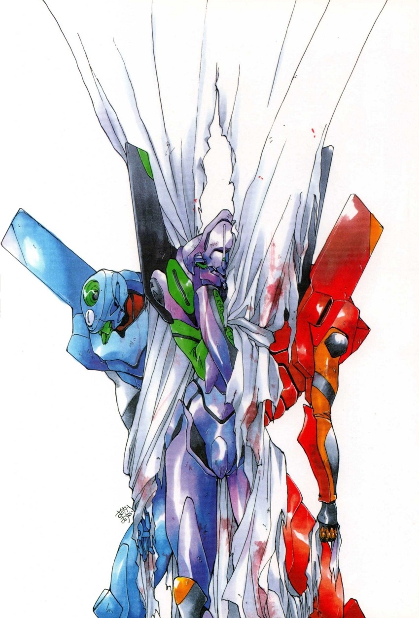 1990s_(style) blood commentary english_commentary eva_00 eva_01 eva_02 evangelion_(mecha) highres magazine_scan mecha mecha_focus muttri_moony neon_genesis_evangelion no_humans promotional_art retro_artstyle robot scan science_fiction signature super_robot traditional_media white_background