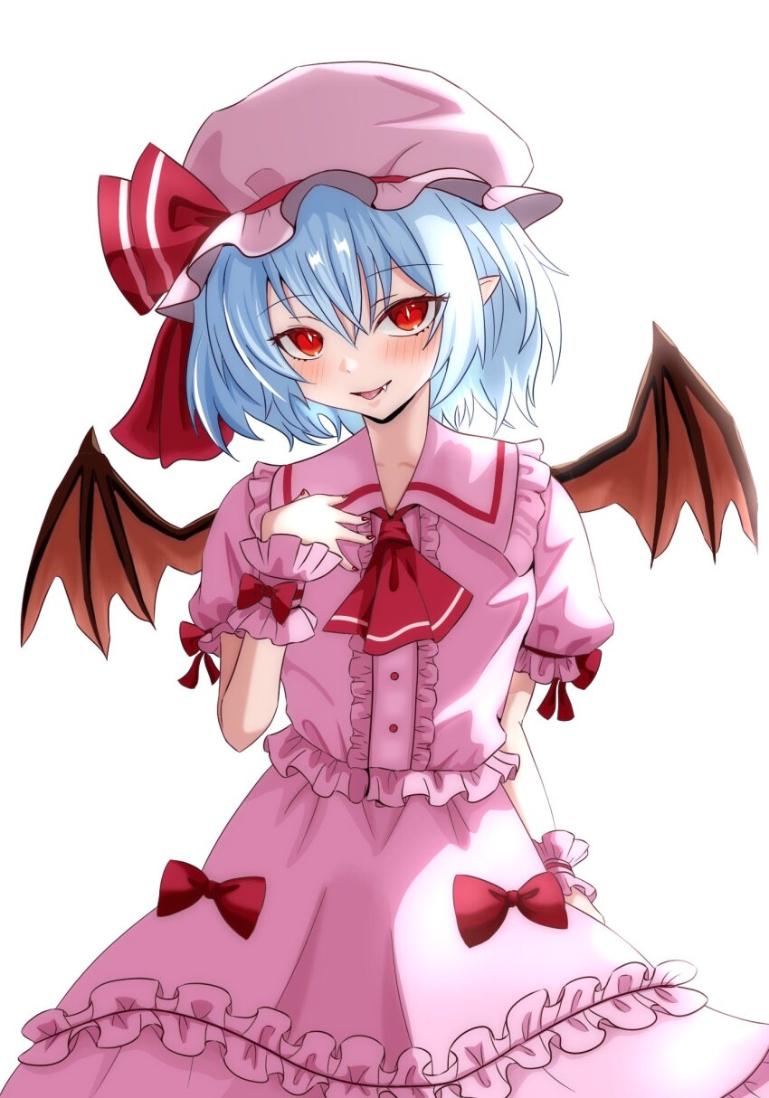 1girl ascot bat_wings blue_hair dress frilled_dress frills hat hat_ribbon highres looking_at_viewer merihari07 mob_cap pink_hat puffy_sleeves red_ascot red_eyes remilia_scarlet ribbon short_hair short_sleeves simple_background solo touhou white_background wings wrist_cuffs