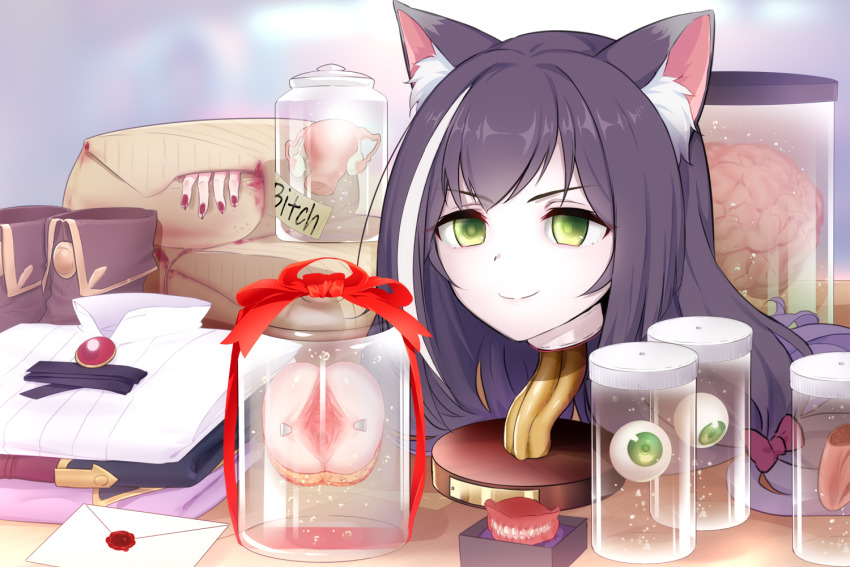 animal_ear_fluff animal_ears black_hair blood brain cat_ears cat_girl cervix convenient_censoring dilation_tape dissection empty_eyes english_text ero_guro eyeball fallopian_tubes folded_clothes green_eyes guro jar karyl_(princess_connect!) letter multicolored_hair organs ovaries princess_connect! profanity pussy severed_head shoes smile spread_pussy streaked_hair tape taxidermy tongue unworn_shoes uterus veryred wax_seal white_hair