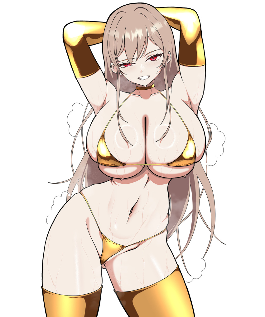 1girl armpits arms_up bikini blush breasts brown_hair cleavage collarbone cowboy_shot elbow_gloves furen_e_lustario gloves gold_bikini gold_gloves gold_thighhighs grin hair_between_eyes highres huge_breasts long_hair looking_at_viewer micro_bikini navel nijisanji red_eyes sakurein simple_background smile solo standing stomach sweat swimsuit thighs underboob very_long_hair virtual_youtuber white_background