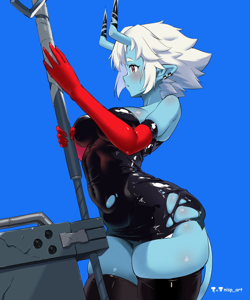 absurdres artist_name blue_background blue_oni blue_skin breasts colored_skin commentary english_commentary highres horns latex nisp_art oni pointy_ears short_hair simple_background skin_tight soukaku_(zenless_zone_zero) white_hair zenless_zone_zero