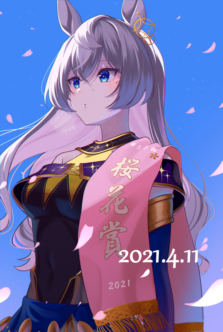 1girl 2021 absurdres animal_ears blue_background blue_eyes breasts cherry_blossoms detached_sleeves dress from_side haibarasaika hair_between_eyes highres horse_ears horse_girl long_hair medium_breasts mole mole_under_eye off-shoulder_dress off_shoulder original personification petals real_life simple_background sodashi_(racehorse) solo umamusume upper_body wavy_hair white_hair