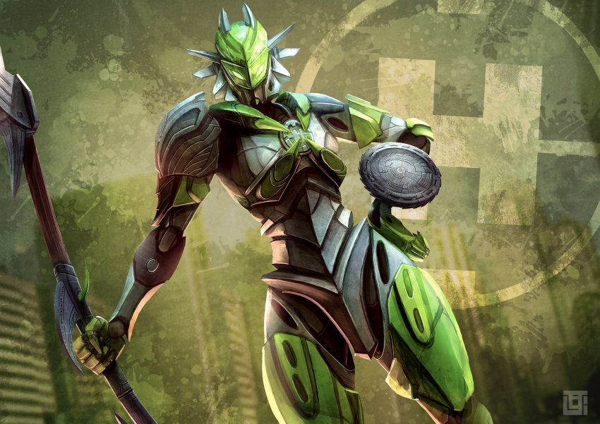 1girl glowing glowing_eyes green_eyes hand_on_own_hip hero_factory highres holding holding_polearm holding_weapon humanoid_robot kozsen_810290 looking_at_viewer natalie_breez polearm robot science_fiction shield solo spear the_lego_group weapon