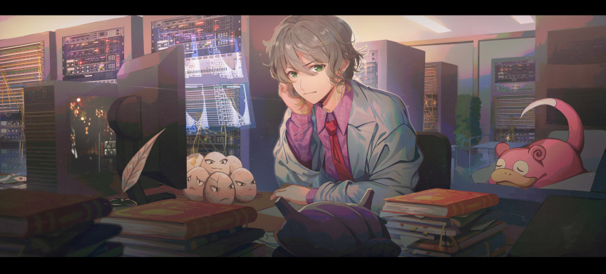 1boy absurdres book chair collared_shirt commentary_request commission computer daikazoku63 desk exeggcute gen_1_pokemon green_eyes grey_hair hair_between_eyes hand_on_own_cheek hand_on_own_face highres huge_filesize inkwell lab_coat long_sleeves looking_at_viewer male_focus monitor necktie nintendo pokemon pokemon_(creature) purple_shirt quill red_neckwear server_(computer) shellder shirt short_hair slowpoke