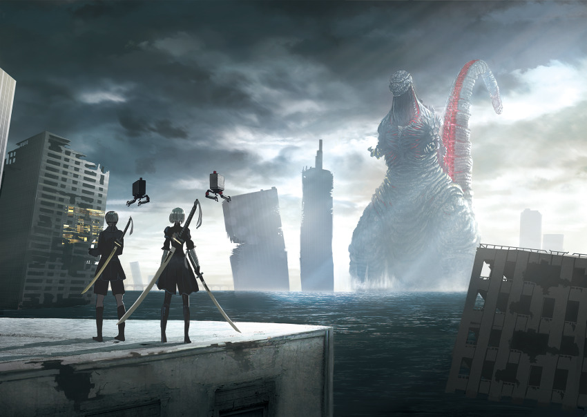 1boy 1girl 2b_(nier:automata) 9s_(nier:automata) android apocalypse black_thighhighs boots city cityscape claws cloud crossover dark_clouds day destruction dinosaur epic flood giant giant_monster glowing glowing_spikes godzilla godzilla_(series) godzilla_(shin) heads-up_display health_bar high_heel_boots high_heels highres hologram holographic_interface kaiju long_tail long_tongue monster multiple_heads nier:automata nier_(series) overcast platinumgames pod_(nier:automata) post-apocalypse realistic ruins sea_monster sharp_teeth shin_godzilla sky spikes standing sun sun_light suttoko sword tail tail_head teeth text_focus textless_version thighhighs toho tongue user_interface very_long_tongue water weapon weapon_on_back white_hair