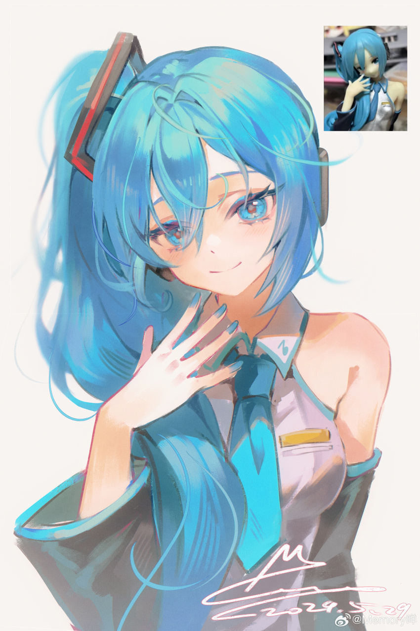 1girl absurdres bare_shoulders black_sleeves blue_eyes blue_hair blue_nails blue_necktie breasts chinese_commentary closed_mouth collared_shirt commentary_request dated derivative_work detached_sleeves dot_nose grey_background grey_shirt hair_between_eyes hair_ornament hair_over_shoulder hand_on_own_neck hatsune_miku hatsune_miku_(noodle_stopper) headphones highres large_breasts light_blush long_eyelashes long_hair long_sleeves looking_at_viewer memory_mie nail_polish necktie pocket reference_inset shirt side_ponytail signature simple_background sleeveless sleeveless_shirt smile solo upper_body very_long_hair vocaloid watermark weibo_watermark wide_sleeves