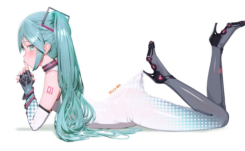 1girl absurdres arm_tattoo black_shoes black_unitard blush commentary english_commentary fingerless_gloves from_side gloves green_eyes green_gloves green_hair hatsune_miku high_heels highres jellyrexart lace_pantyhose_hooked_on_heel_(meme) legs_up long_hair looking_at_viewer lying meme number_tattoo on_stomach own_hands_together shoes simple_background solo tattoo twintails two-tone_gloves two-tone_unitard unitard vocaloid white_background white_gloves white_unitard