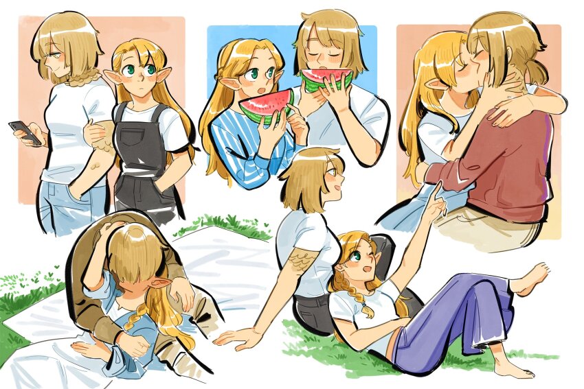 2girls alternate_universe ange_(angeban93) black_overalls black_pants blonde_hair blue_pants blue_shirt braid dungeon_meshi elf falin_touden falin_touden_(tallman) feathers female_focus food fruit grass green_eyes highres kiss long_hair marcille_donato multiple_girls multiple_views overalls pants pointy_ears red_shirt shirt short_hair striped_clothes striped_shirt watermelon watermelon_slice white_shirt yellow_eyes yuri